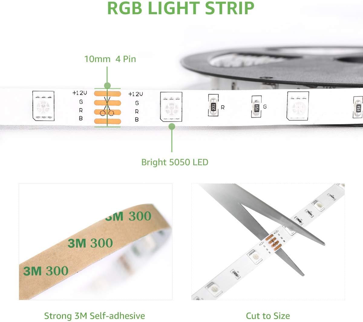 LE 5M RGB LED Strip Set, 5050 SMD LED Streifen, 12V, Selbstklebend LED Strips, Flexibel LED Band, LED Leiste, LED Lichtband IP20, Netzteil und Controller enthalten