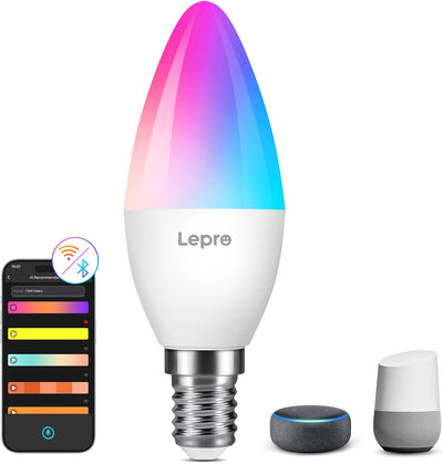 Lepro AI Smart Glühbirne BC1, 4.9W 470LM Glühbirne E14 Dimmbar, Personalisierter KI-Lichtdesigner, RGB+CCT, Kompatibel mit Alexa/Google, Sprachsteuerung/Musik Sync, WiFi & Bluetooth, 1 Stück
