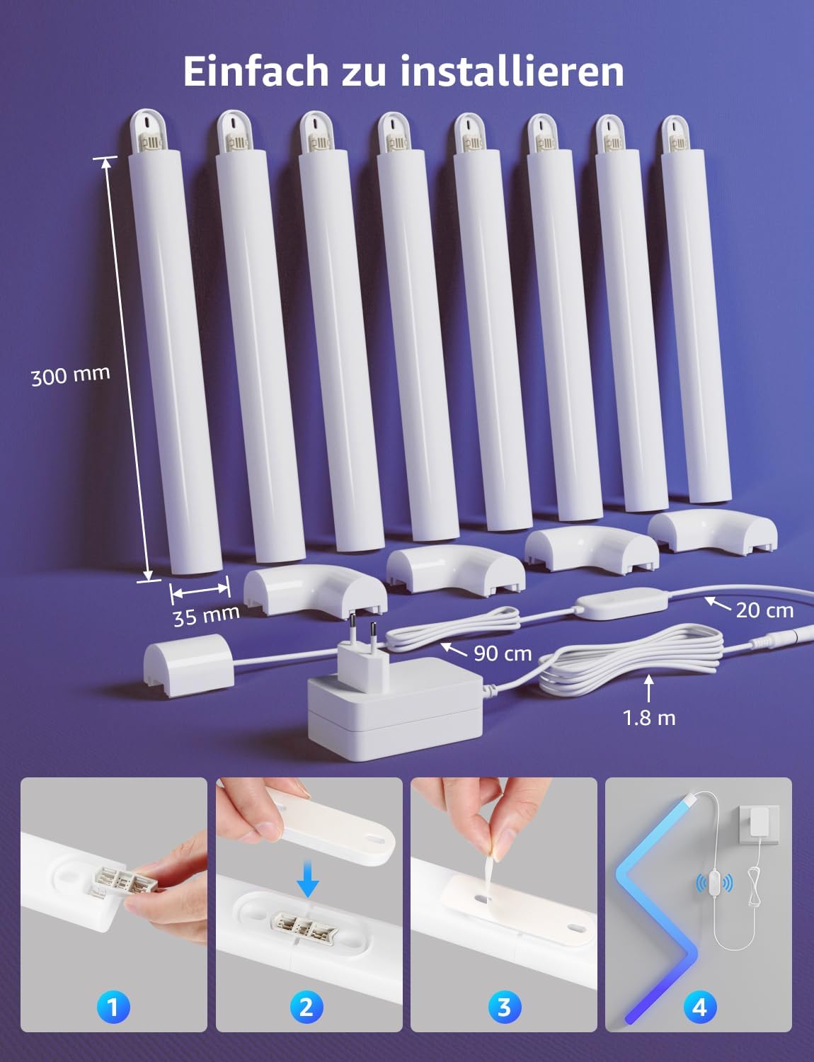 Lepro AI Glide Wall Light WL1, Wandleuchte mit Eingebautes Spracherkennung, Musik Sync, unterstützt Alexa & Google Assistant, KI-Lichtdesign-Assistent für Gaming Party Wand Deko, 8 Stück und 4 Ecke