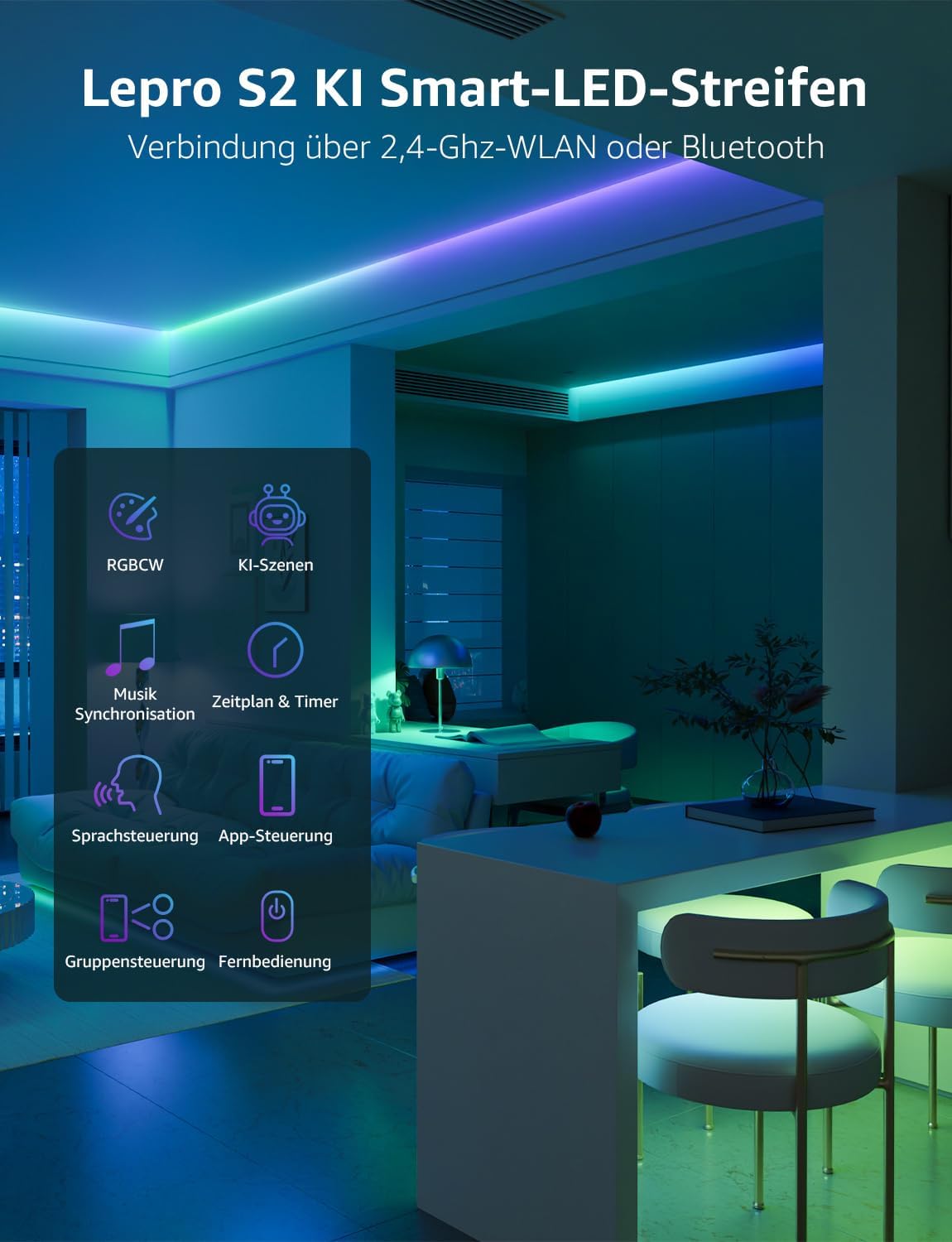 Lepro AI LED Streifen S2, 10M RGBCW LED Strip mit echtem Wei?licht, MagicColor RGBIC, Personalisierter KI-Lichtdesigner, Musik-Sync, Kompatibel mit Alexa & Google Assistant f¨¹r Gaming & Ambiente