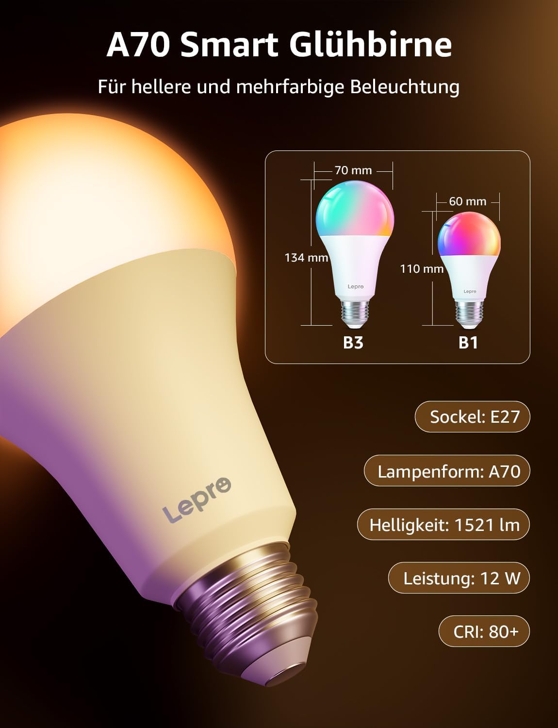 Lepro Al Smart Glühbirne B3, E27 WLAN/Bluetooth Smart Bulb 1521lm Dimmbar, Foto-zu-Licht, Personalisierter KI-Lichtdesigner, Sprachsteuerung/Musik Sync, Kompatibel mit Alexa/Google Assistant, 4 Stück