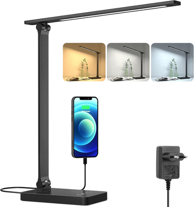 Lepro Schreibtischlampe, LED Tischlampe 15W, 655LM Tischleuchte 3 Farben, 5 Helligkeitsstufen Dimmbar mit USB-Anschluss, Schreibtischleuchte Augenschutz, Leselicht für Büro, Schwarz