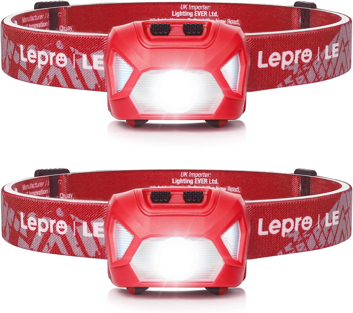 Lepro Stirnlampe, 1300 Lux LED XPG Kopflampe mit 6 Lichtmodi Scheinwerfer und Rotlicht, IPX4 spritzwassergeschütztes Gehäuse, Batteriebetrieben Stirnlampen, Ideal für Camping Joggen, Rot, 2 Stück