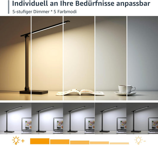 Lepro Schreibtischlampe, LED Tischlampe Dimmbar, Nachttischlampe 750LM 3 Farben und 5 Helligkeitsstufen, Tageslichtlampe, Tischleuchte, Schreibtisch Lampe für Kinder, Büro, Kunststoff, Schwarz
