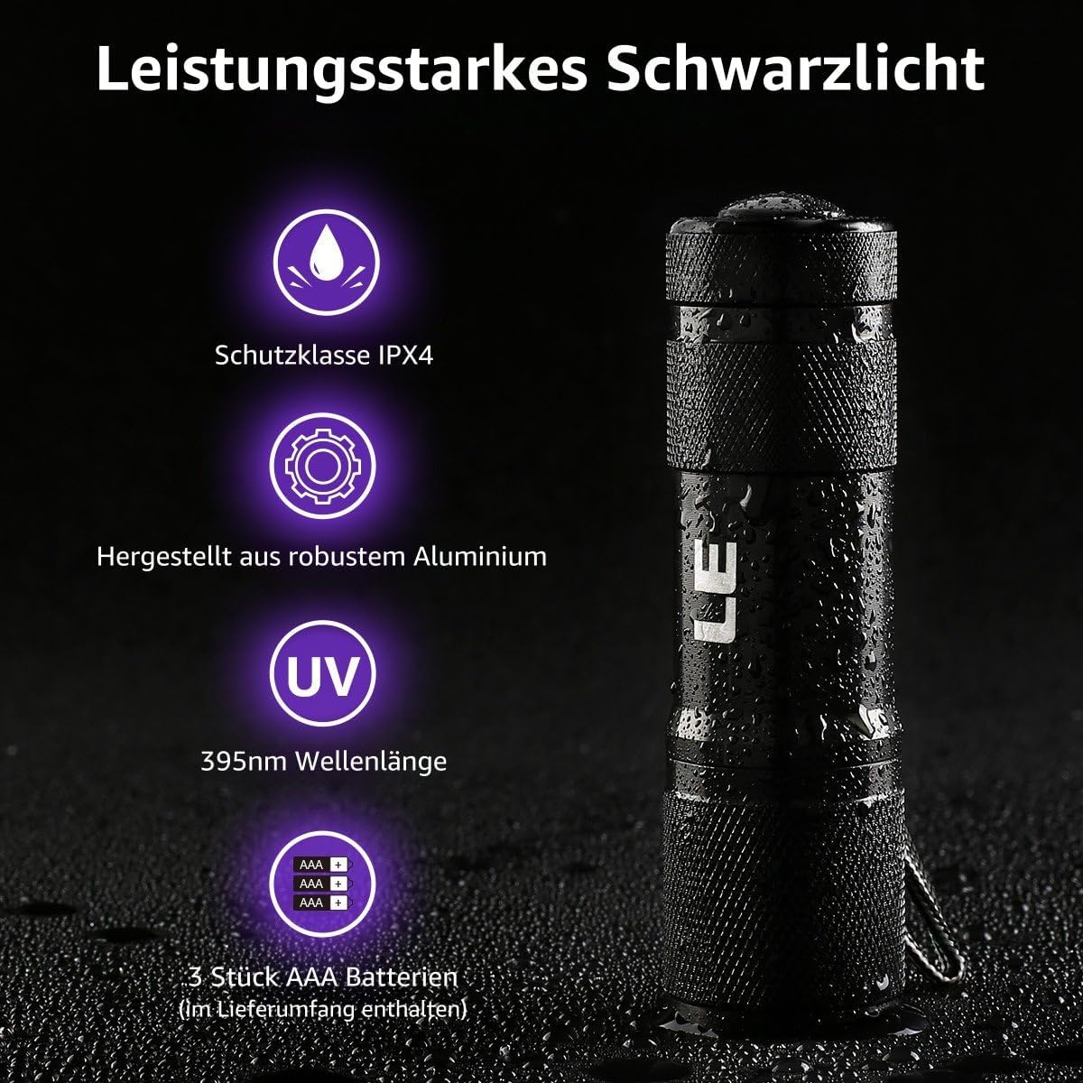 LE LED UV Schwarzlicht Taschenlampe mit 9 LEDs, mini UV Lampe Ultraviolettes Licht mit 395nm f¨¹r Geocaching, Heimtierurindetektoren, Haustiere Urin-Detektor usw. Inklusive 6 AAA Batterien