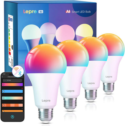 Lepro Al Smart Glühbirne B3, E27 WLAN/Bluetooth Smart Bulb 1521lm Dimmbar, Foto-zu-Licht, Personalisierter KI-Lichtdesigner, Sprachsteuerung/Musik Sync, Kompatibel mit Alexa/Google Assistant, 4 Stück