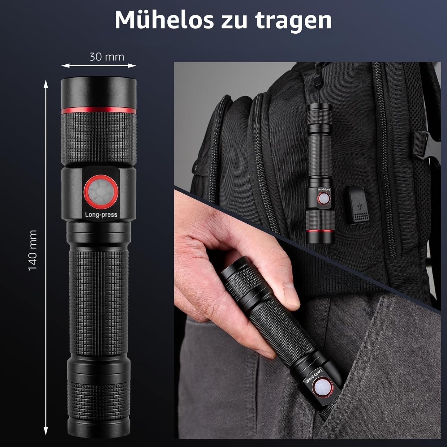 Lepro Taschenlampe LED Aufladbar, USB A-C Klein Taschenlampe Extrem Hell, 5 Lichtmodi, IPX4 Wasserdicht, Zoombare Flashlight f¨¹r Kinder, Camping, Wandern, Notf?lle (2er-Pack)