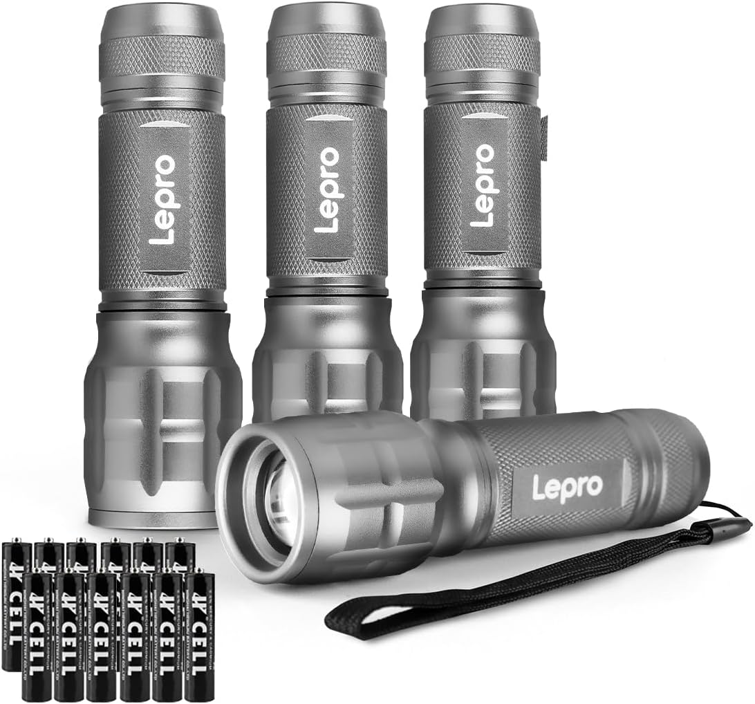 LE LED Taschenlampe (4er-Pack), Zoombare Flashlight für Kinder, Gunmetal | Extrem Hell Zoombare Mini Taschenlampen (Inklusive Batterie), Tragbare Wasserdichte Handlampe für Camping, Outdoor, Notfälle