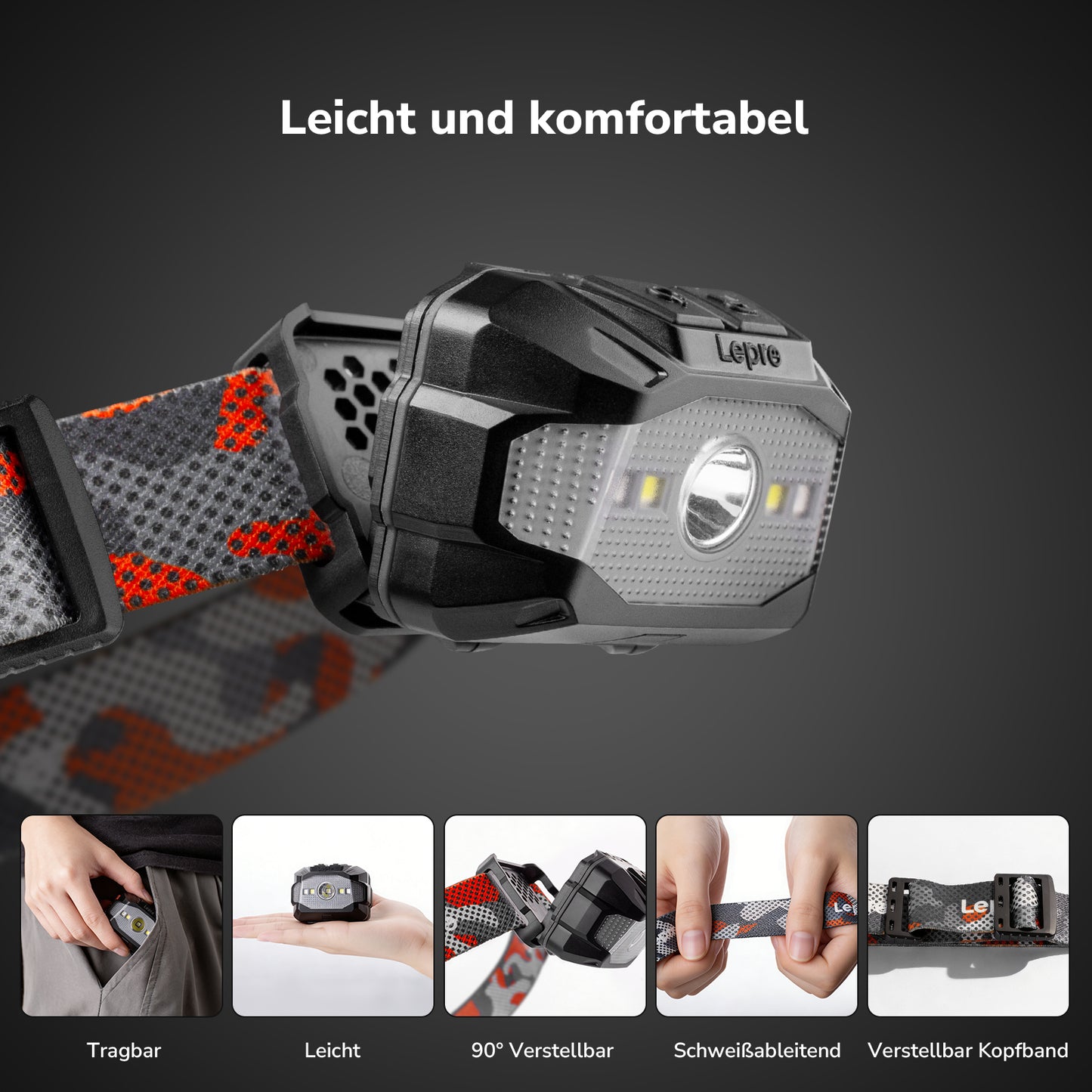Lepro 5W Stirnlampe LED Wiederaufladbar, Dual Power Kopflampe mit Sensor | Stirnlampe mit USB-C und 3 AAA (Nicht Enthalten), 10 Lichtmodi & Rotlicht, IPX4 Wasserdicht Stirnlampen für Joggen & Camping [Energieklasse A]