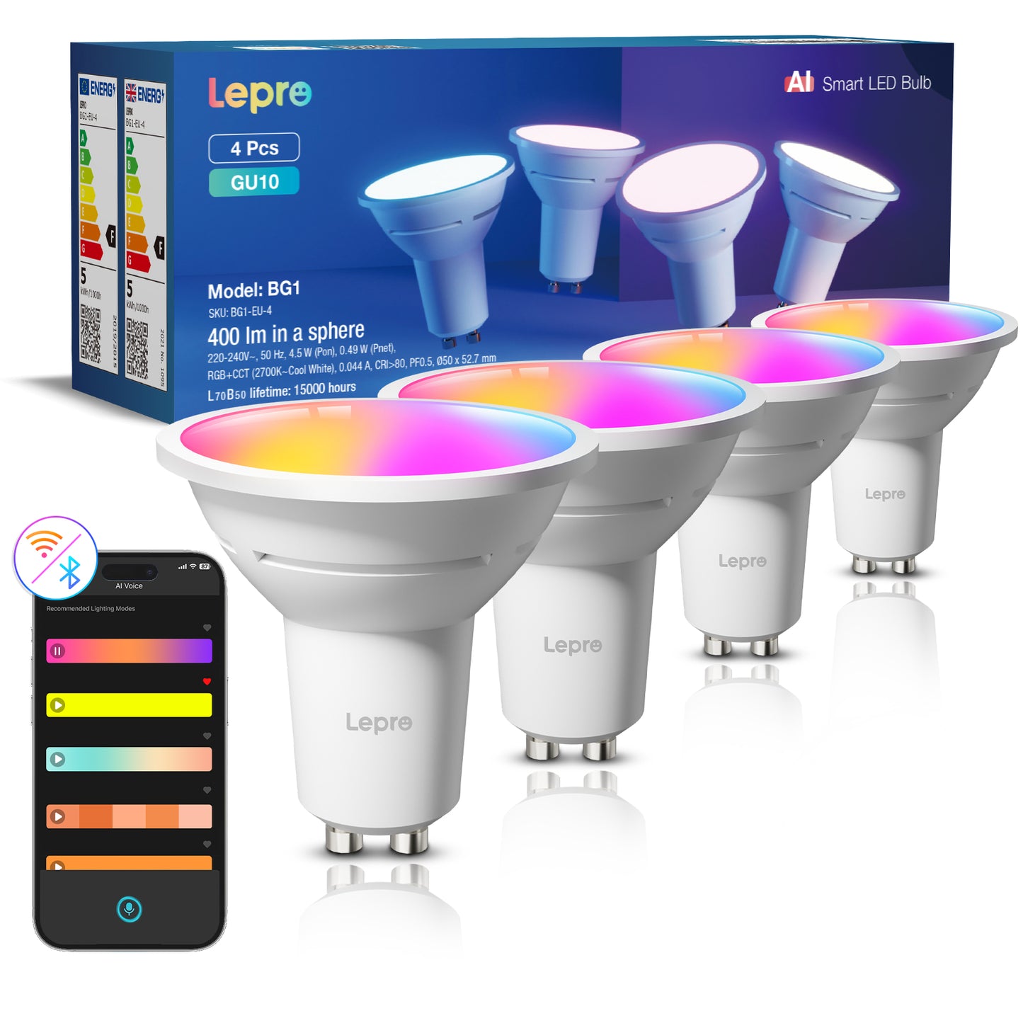Lepro BG1 Smarte AI GU10 LED Lampe - RGBCW Farbwechsel & Dimmbar, Musik-Sync, Sprachsteuerung WLAN Alexa Gl¨¹hbirne, Kompatibel mit Alexa & Google Assistant, 4er Pack