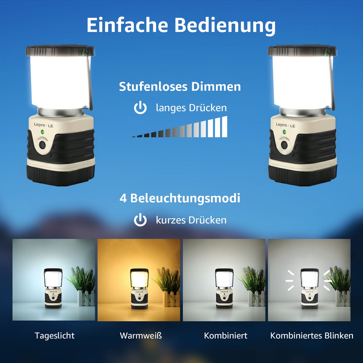LE Campinglampe wiederaufladbare, 4 Helligkeiten Dimmbar Weiß,| Superhell Tragbar Suchscheinwerfer mit Bügel und Haken, Notfallleuchte für Stromausfällen, Wandern, Notfall, Ausfälle usw [Energieklasse A]