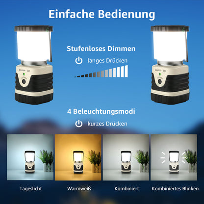LE Campinglampe wiederaufladbare, 4 Helligkeiten Dimmbar Weiß,| Superhell Tragbar Suchscheinwerfer mit Bügel und Haken, Notfallleuchte für Stromausfällen, Wandern, Notfall, Ausfälle usw [Energieklasse A]