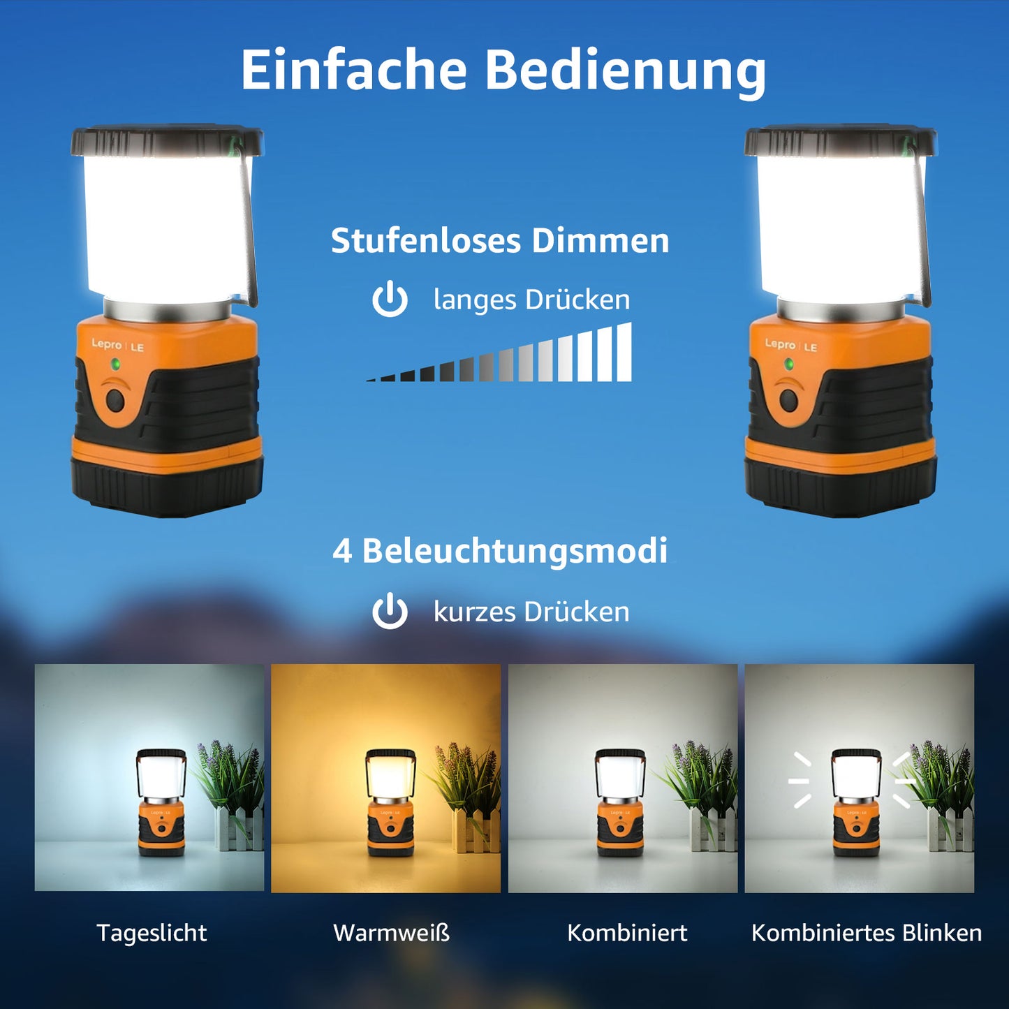 LE Campinglampe wiederaufladbare, 4 Helligkeiten Dimmbar Orange| Superhell Tragbar Suchscheinwerfer mit Bügel und Haken, Notfallleuchte für Stromausfällen, Wandern, Notfall, Ausfälle usw [Energieklasse A]