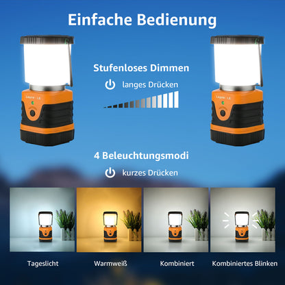 LE Campinglampe wiederaufladbare, 4 Helligkeiten Dimmbar Orange| Superhell Tragbar Suchscheinwerfer mit Bügel und Haken, Notfallleuchte für Stromausfällen, Wandern, Notfall, Ausfälle usw [Energieklasse A]