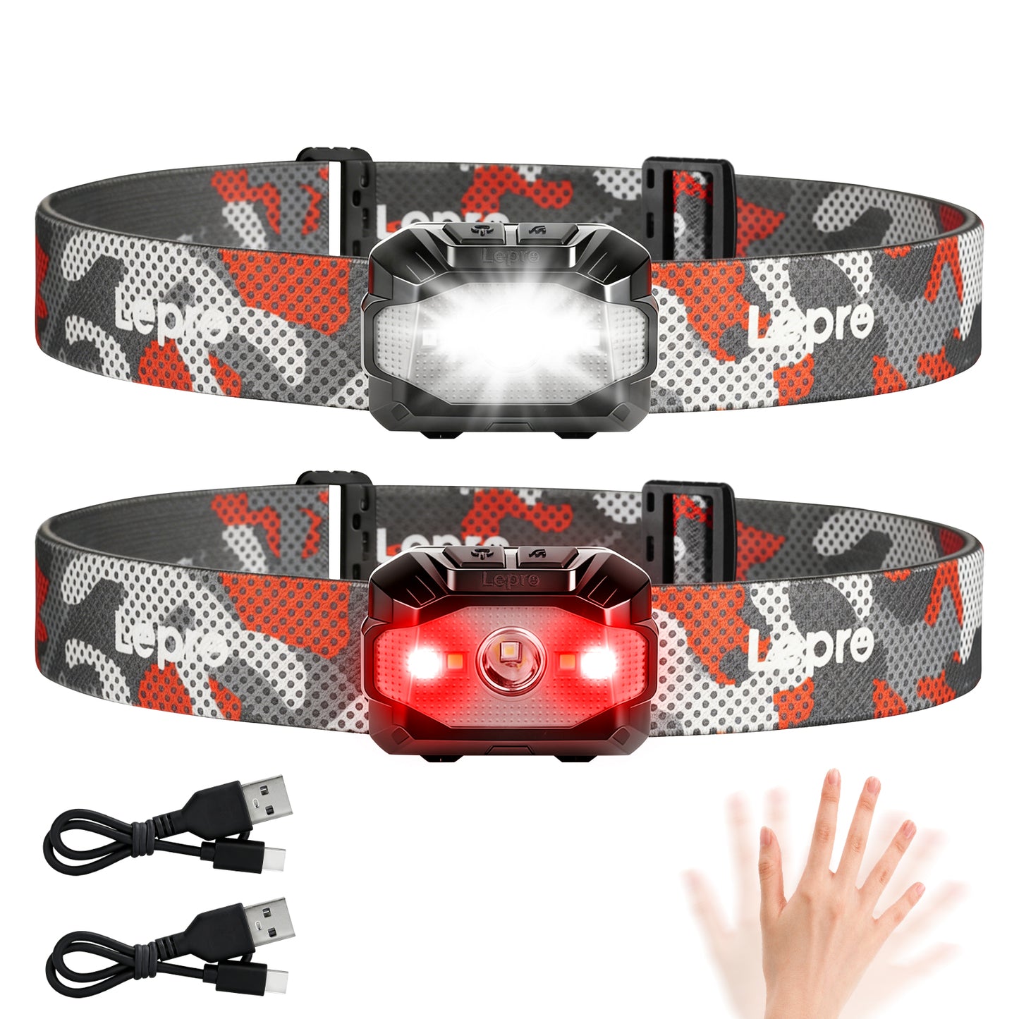 Lepro 5W Stirnlampe LED Wiederaufladbar, Dual Power Kopflampe mit Sensor | Stirnlampe mit USB-C und 3 AAA (Nicht Enthalten), 10 Lichtmodi & Rotlicht, IPX4 Wasserdicht Stirnlampen für Joggen & Camping [Energieklasse A]