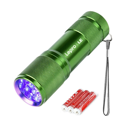 LE UV Taschenlampe, 395nm Mini UV Lampe inklusive 3 AAA Batterien, Grün | Schwarzlicht Taschenlampe mit 9 LEDs, mini UV Lampe Ultraviolettes Licht mit 395nm für Geocaching, Heimtierurindetektoren usw
