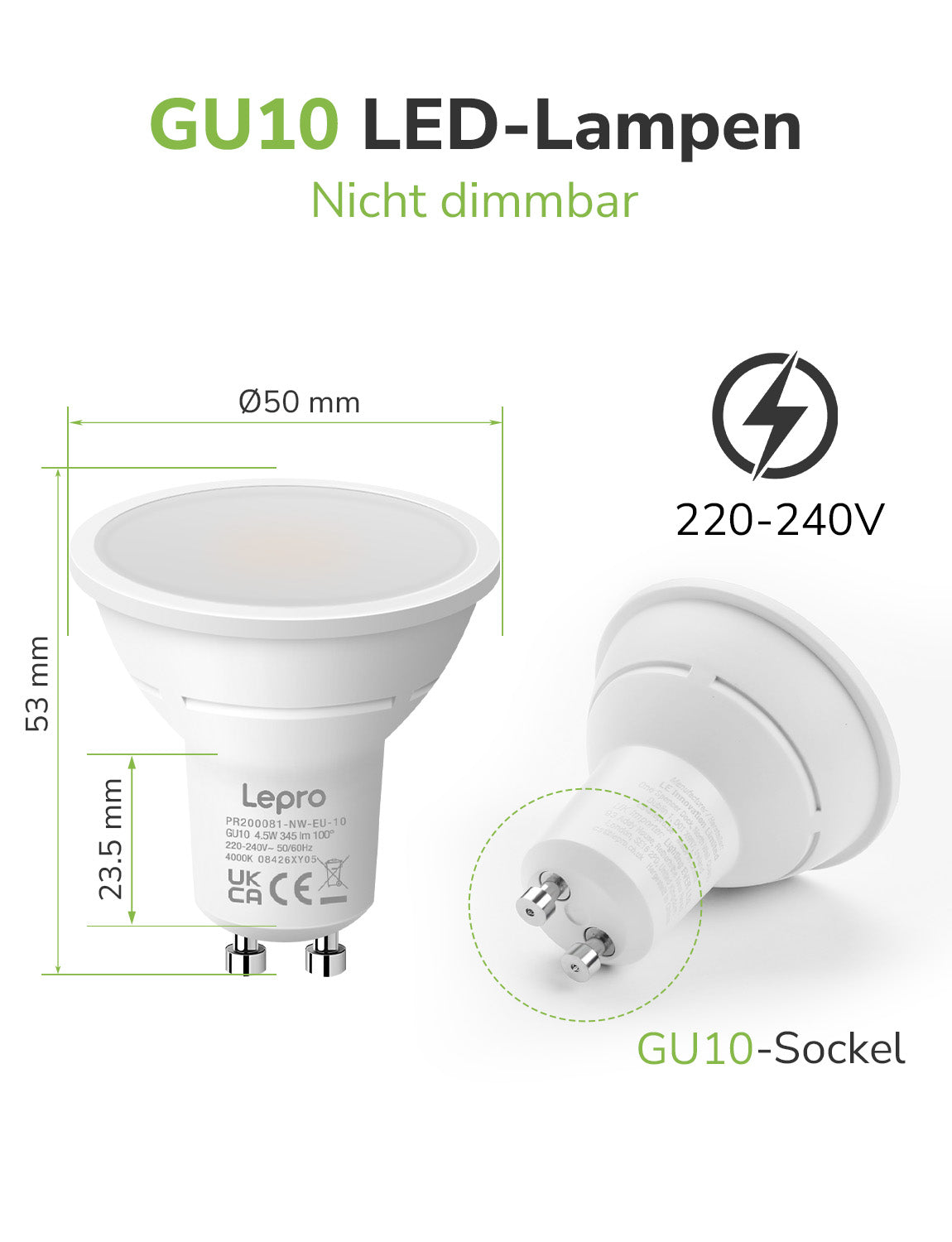Lepro GU10 LED Neutralweiss Lampen, 4.5W 345lm Nicht Dimmbar, 10 Stück [Energieklasse F]