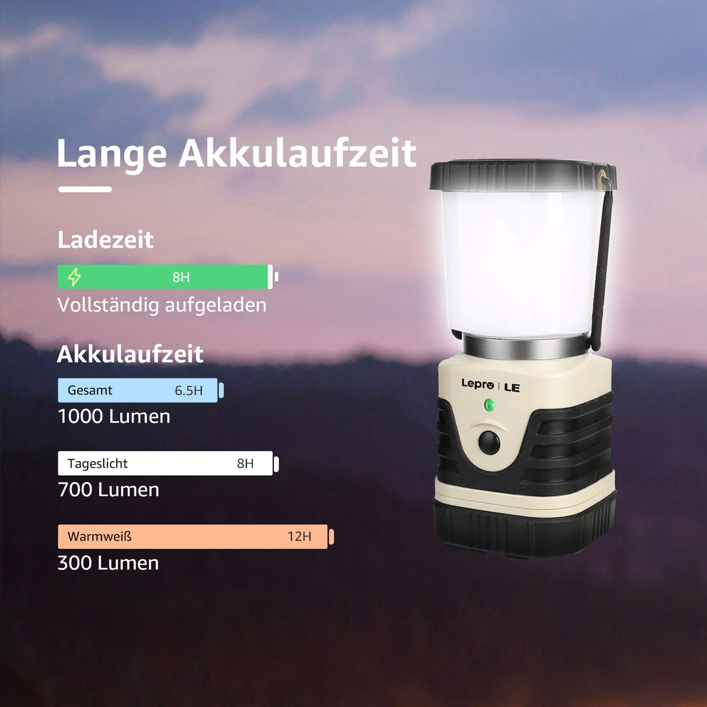 LE Campinglampe wiederaufladbare, 4 Helligkeiten Dimmbar Weiß,| Superhell Tragbar Suchscheinwerfer mit Bügel und Haken, Notfallleuchte für Stromausfällen, Wandern, Notfall, Ausfälle usw [Energieklasse A]