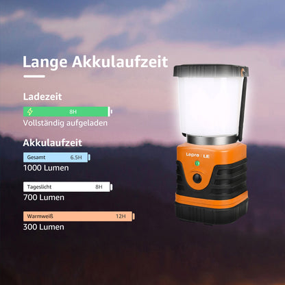 LE Campinglampe wiederaufladbare, 4 Helligkeiten Dimmbar Orange| Superhell Tragbar Suchscheinwerfer mit Bügel und Haken, Notfallleuchte für Stromausfällen, Wandern, Notfall, Ausfälle usw [Energieklasse A]