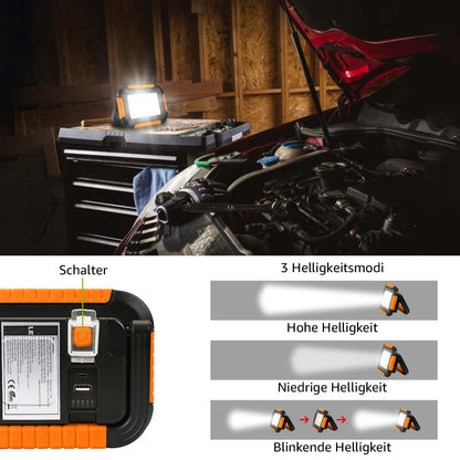 LE Campinglampe Wiederaufladbare Arbeitsleuchte Dimmbar 1000lm, Orange | 10W superhell Baustrahler mit 4400mAh Powerbank, Dimmbar, mit 3 Lichtmodi, für Stromausfällen, Zelt, Camping, Notfall [Energieklasse A]