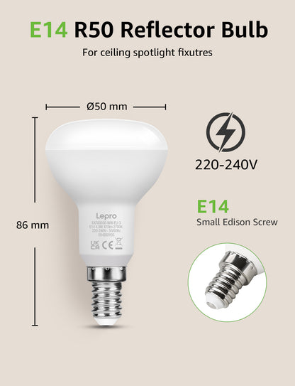 Lepro E14 LED Lampe 2700K Warmweiss, R50 4.9W 470 Lumen, 3 Stück | E14 led strahler R50 Glühlampe entspricht 40W Warmweiß Glühbirne, Reflektorlampe 120° Abstrahlwinkel Energiesparlampe