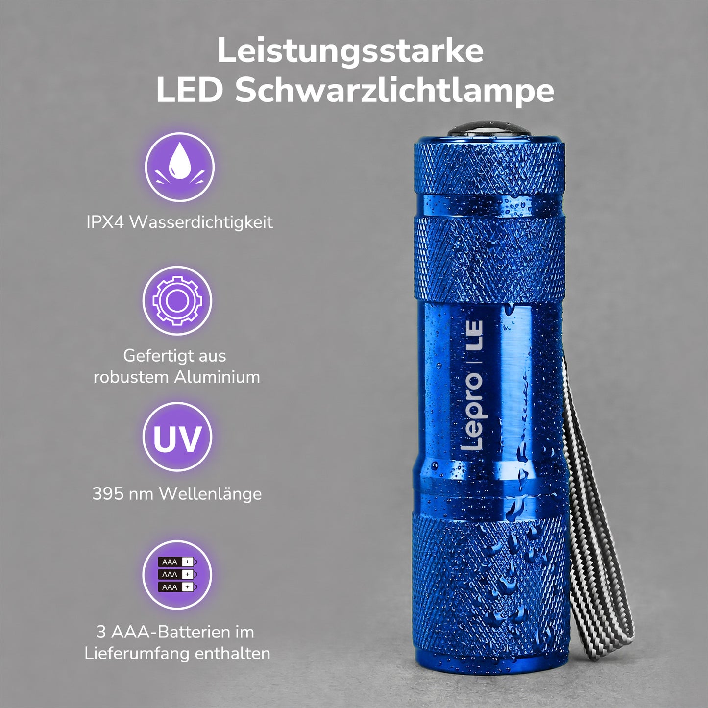 LE UV Taschenlampe, 395nm Mini UV Lampe inklusive 3 AAA Batterien, Blau | Schwarzlicht Taschenlampe mit 9 LEDs, mini UV Lampe Ultraviolettes Licht mit 395nm für Geocaching, Heimtierurindetektoren usw