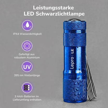 LE UV Taschenlampe, 395nm Mini UV Lampe inklusive 3 AAA Batterien, Blau | Schwarzlicht Taschenlampe mit 9 LEDs, mini UV Lampe Ultraviolettes Licht mit 395nm für Geocaching, Heimtierurindetektoren usw