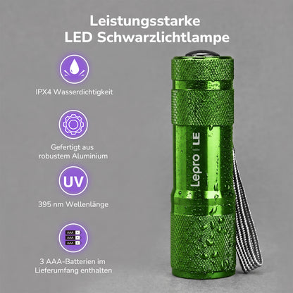 LE UV Taschenlampe, 395nm Mini UV Lampe inklusive 3 AAA Batterien, Grün | Schwarzlicht Taschenlampe mit 9 LEDs, mini UV Lampe Ultraviolettes Licht mit 395nm für Geocaching, Heimtierurindetektoren usw