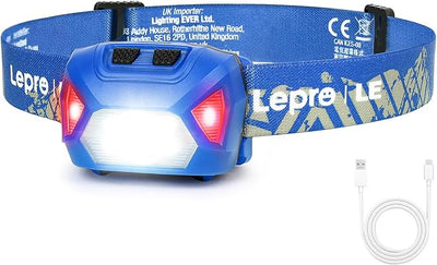 Lepro Stirnlampe LED Wiederaufladbar, 2000 Lux Superhell Kopflampe Stirnlampe mit Rotlicht und 6 Lichtmodi, IPX4 Wasserdicht Leicht Stirnleuchte, Ideal für Camping&Joggen, Blau