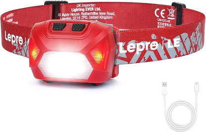 Lepro Stirnlampe LED Wiederaufladbar, 2000 Lux Superhell Kopflampe Stirnlampe mit Rotlicht und 6 Lichtmodi, IPX4 Wasserdicht Leicht Stirnleuchte, Ideal für Camping&Joggen, Rot