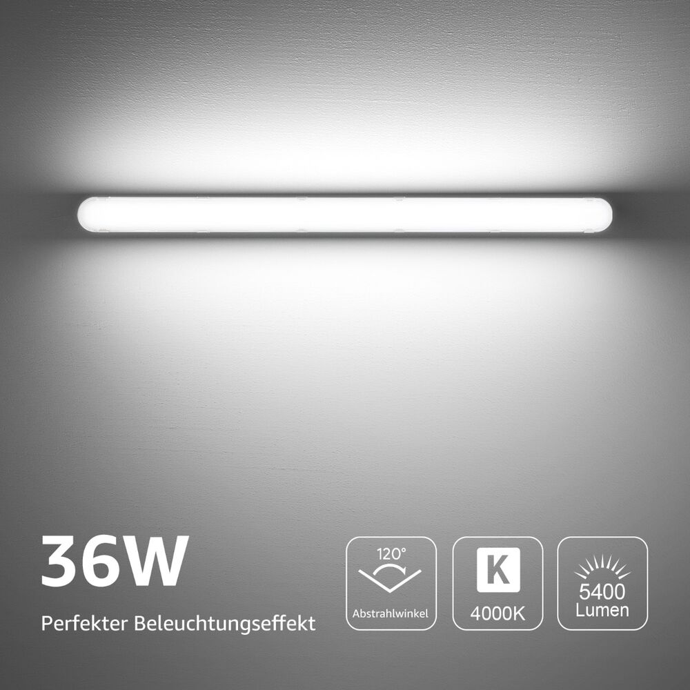 4x 120 cm LED Feuchtraumleuchten, 36W, 5400lm, 4000K Neutralweiß, IP65, Wasserfest für Keller, Werkstatt, Garage, Innen- & Außenbereich