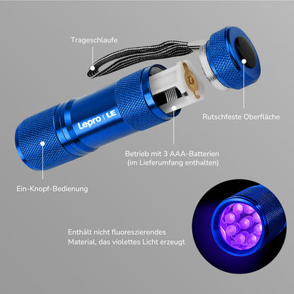 LE UV Taschenlampe, 395nm Mini UV Lampe inklusive 3 AAA Batterien, Blau | Schwarzlicht Taschenlampe mit 9 LEDs, mini UV Lampe Ultraviolettes Licht mit 395nm für Geocaching, Heimtierurindetektoren usw