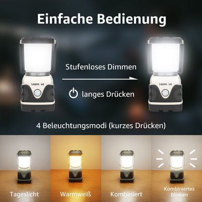 LE LED Campinglampe, Ultra Hell 1000 Lumen, 4 LeuchtmodiI Dimmbar Suchscheinwerfer, Batteriebetrieben Notfallleuchte für Stromausfällen, Wandern, Notfall, Ausfälle und so weiter, 1 Stück, White