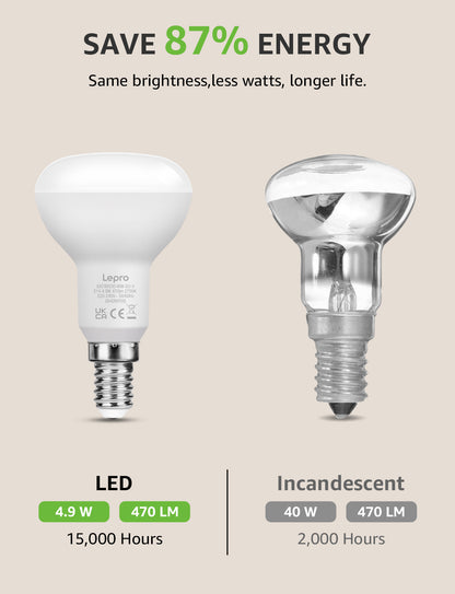 Lepro E14 LED Lampe 2700K Warmweiss, R50 4.9W 470 Lumen, 3 Stück | E14 led strahler R50 Glühlampe entspricht 40W Warmweiß Glühbirne, Reflektorlampe 120° Abstrahlwinkel Energiesparlampe