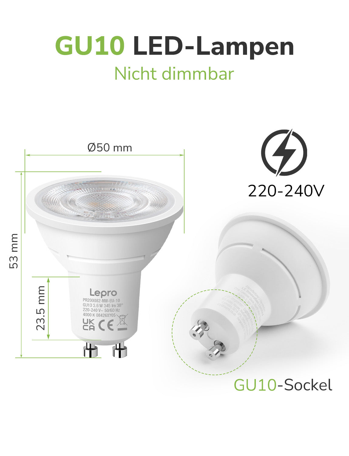 Lepro GU10 LED Neutralweiss Lampen, 3.6W 345lm Nicht Dimmbar, 10 Stück [Energieklasse E]