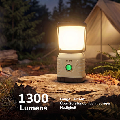 Lepro LED Camping Lampe USB wiederaufladbar, 4 Modi, 1300 Lumen, Weiß | Campinglampe mit 3600 mAh Powerbank IPX4,USB-Kabel im Lieferumfang enthalten,für Hurrikan-Notfälle,Wandern,Zuhause und mehr [Energieklasse A]