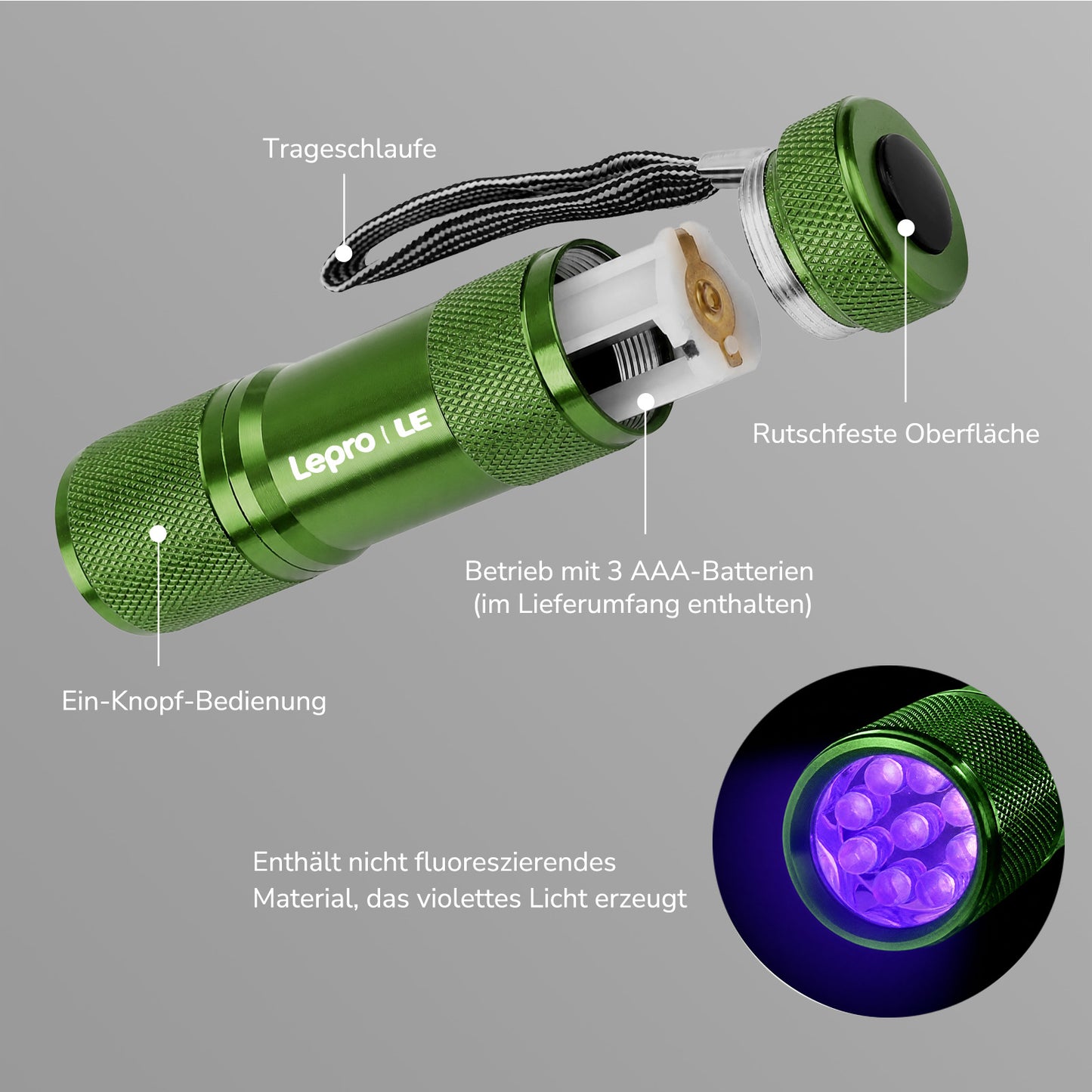LE UV Taschenlampe, 395nm Mini UV Lampe inklusive 3 AAA Batterien, Grün | Schwarzlicht Taschenlampe mit 9 LEDs, mini UV Lampe Ultraviolettes Licht mit 395nm für Geocaching, Heimtierurindetektoren usw