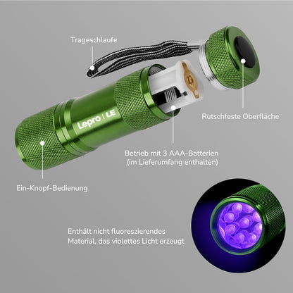 LE UV Taschenlampe, 395nm Mini UV Lampe inklusive 3 AAA Batterien, Grün | Schwarzlicht Taschenlampe mit 9 LEDs, mini UV Lampe Ultraviolettes Licht mit 395nm für Geocaching, Heimtierurindetektoren usw