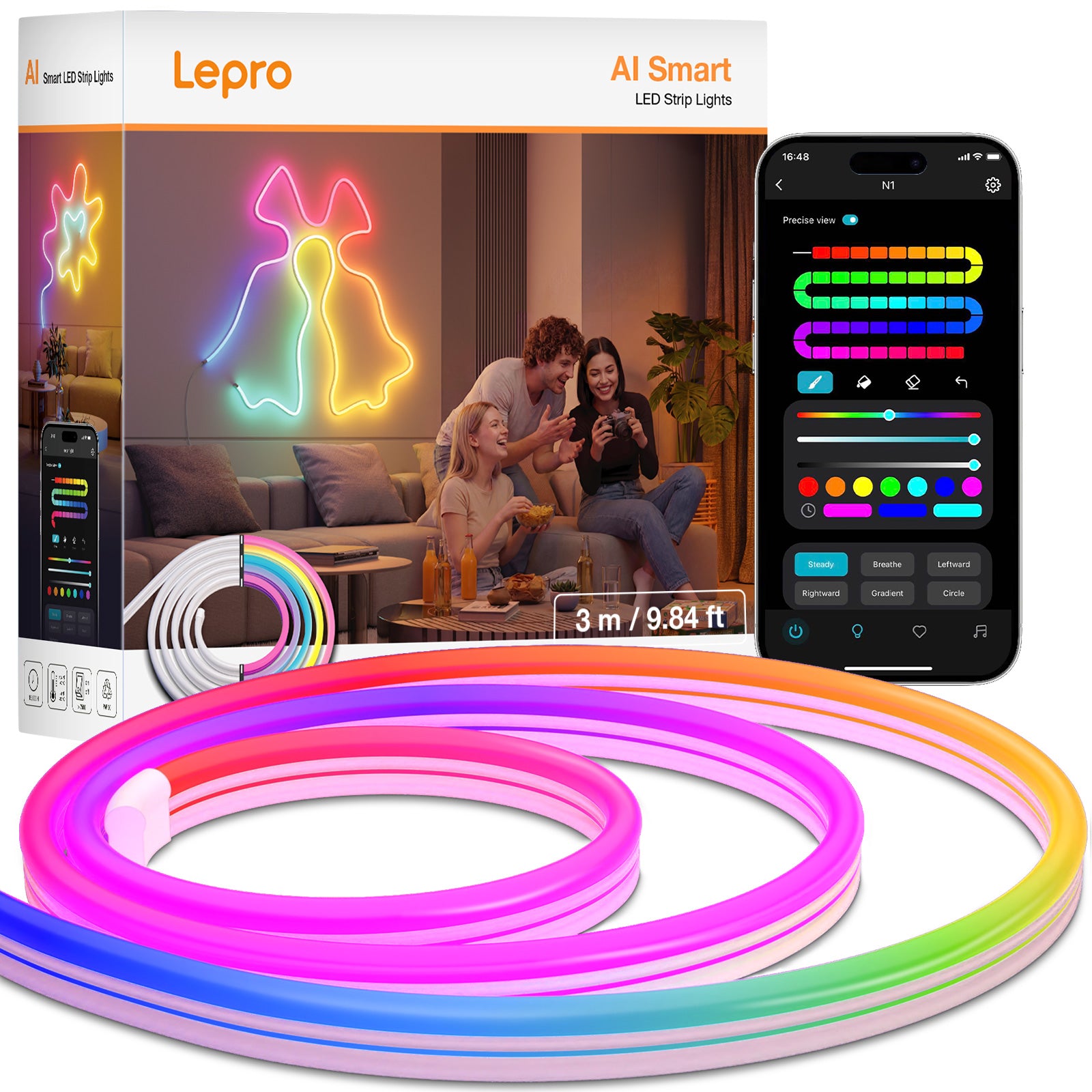 Lepro Neon AI LED Strip 3m, RGB LED Streifen mit App-, Musik- und Sprachsteuerung, kompatibel mit Alexa & Google Assistant, für Wohnzimmer, Gaming, Party, Wanddeko, Personalisierter KI-Lichtdesigner
