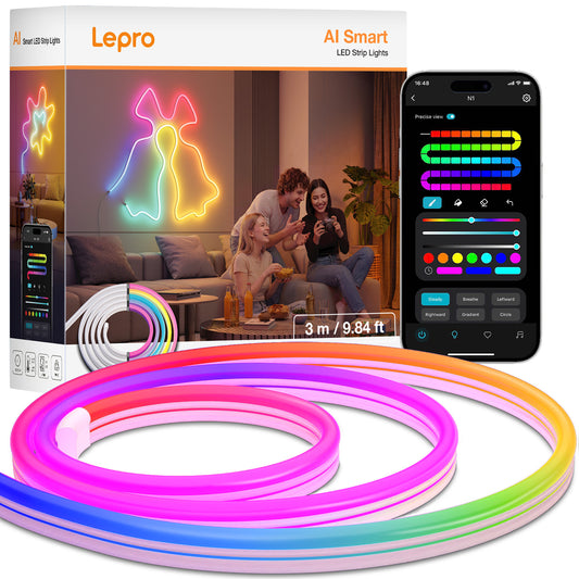 Lepro Neon AI LED Strip 3m, RGB LED Streifen mit App-, Musik- und Sprachsteuerung, kompatibel mit Alexa & Google Assistant, für Wohnzimmer, Gaming, Party, Wanddeko, Personalisierter KI-Lichtdesigner