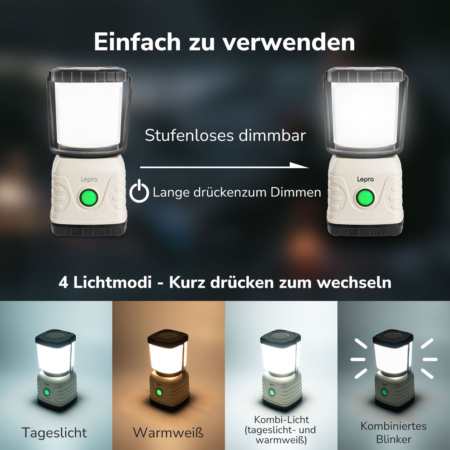 Lepro LED Camping Lampe USB wiederaufladbar, 4 Modi, 1300 Lumen, Weiß | Campinglampe mit 3600 mAh Powerbank IPX4,USB-Kabel im Lieferumfang enthalten,für Hurrikan-Notfälle,Wandern,Zuhause und mehr [Energieklasse A]