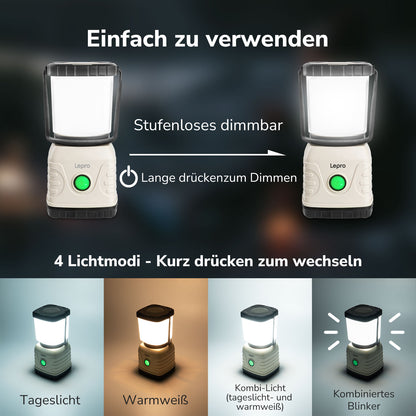 Lepro LED Camping Lampe USB wiederaufladbar, 4 Modi, 1300 Lumen, Weiß | Campinglampe mit 3600 mAh Powerbank IPX4,USB-Kabel im Lieferumfang enthalten,für Hurrikan-Notfälle,Wandern,Zuhause und mehr [Energieklasse A]