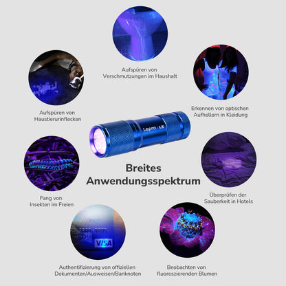 LE UV Taschenlampe, 395nm Mini UV Lampe inklusive 3 AAA Batterien, Blau | Schwarzlicht Taschenlampe mit 9 LEDs, mini UV Lampe Ultraviolettes Licht mit 395nm für Geocaching, Heimtierurindetektoren usw