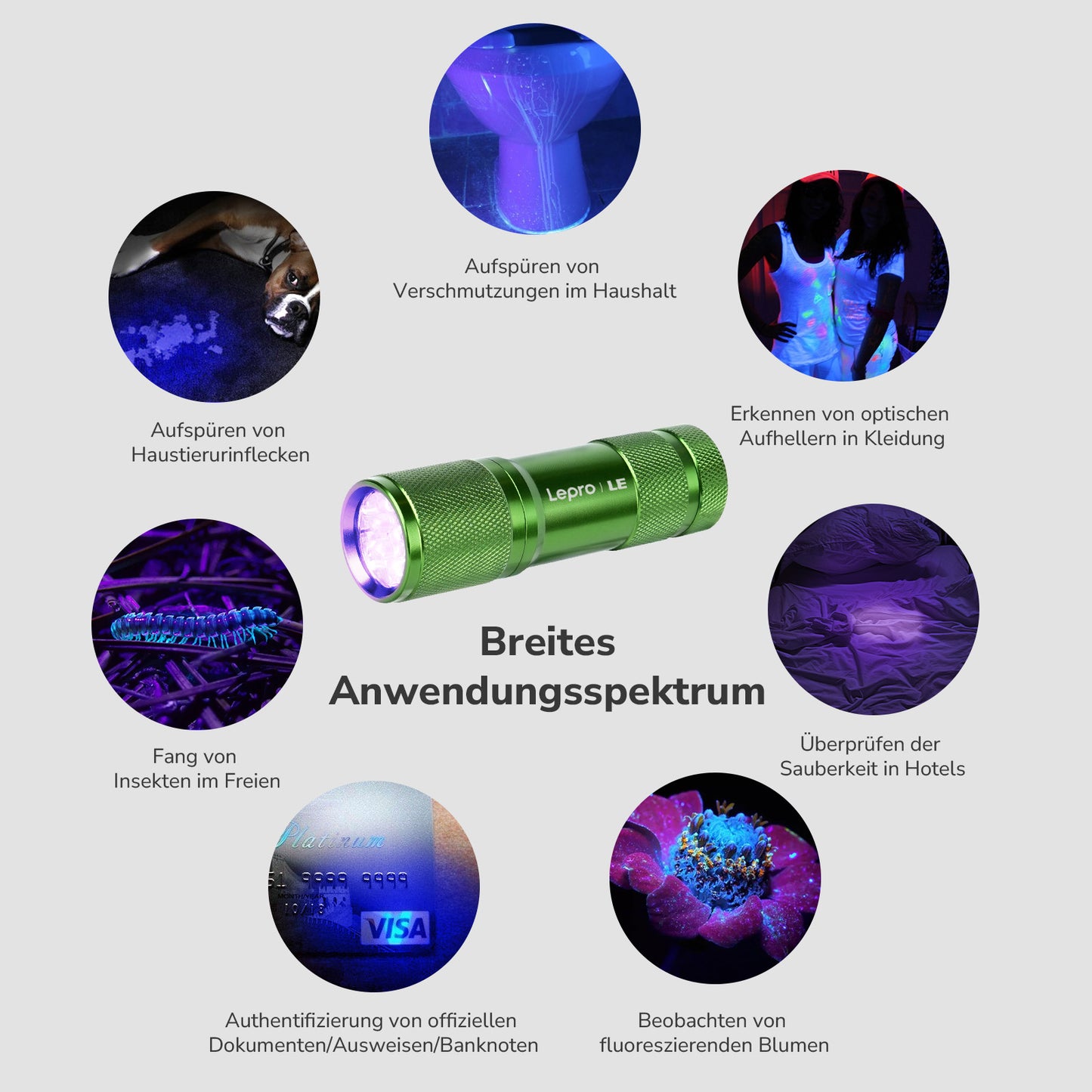 LE UV Taschenlampe, 395nm Mini UV Lampe inklusive 3 AAA Batterien, Grün | Schwarzlicht Taschenlampe mit 9 LEDs, mini UV Lampe Ultraviolettes Licht mit 395nm für Geocaching, Heimtierurindetektoren usw