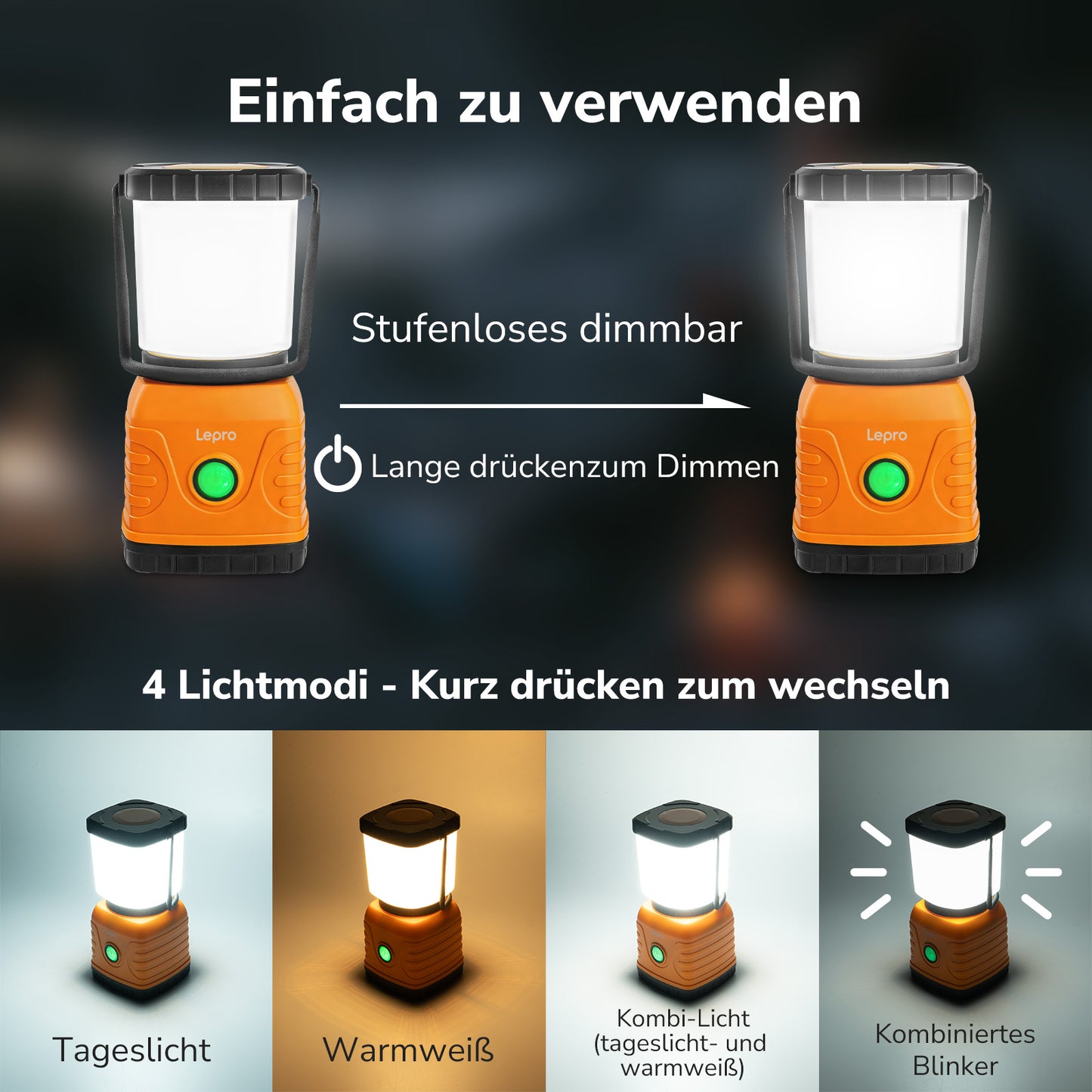 Lepro LED Camping Lampe USB wiederaufladbar, 4 Modi, 1300 Lumen, Orange | Campinglampe mit 3600 mAh Powerbank IPX4,USB-Kabel im Lieferumfang enthalten,für Hurrikan-Notfälle,Wandern,Zuhause und mehr [Energieklasse A]