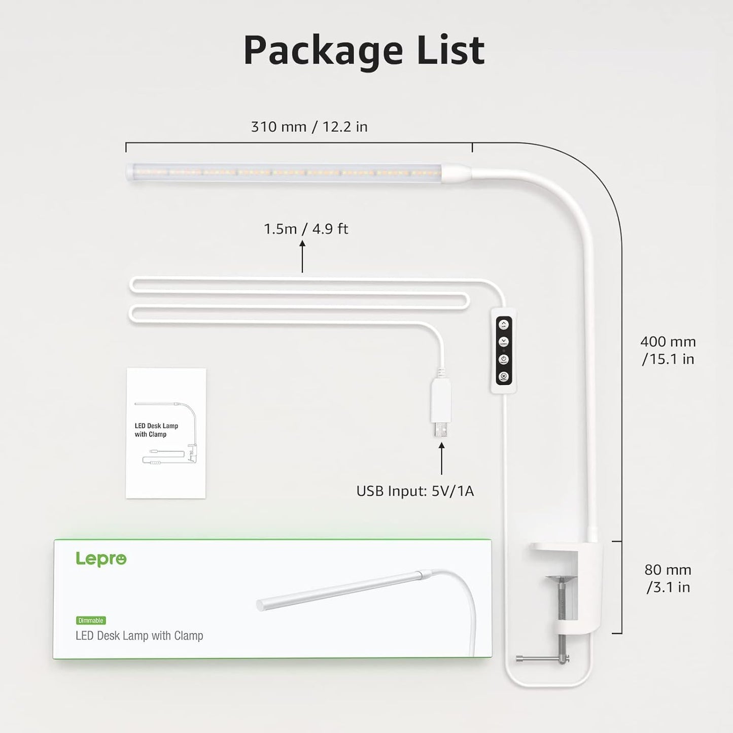 Lepro LED Schreibtischlampe Klemmbar, Tischlampe Architektenlampe mit Schwenkarm, Augenschutz Klemmleuchte USB, 3 Farben & 10 Helligkeitsstufen Dimmbar Tischleuchte für Büro, Weiß