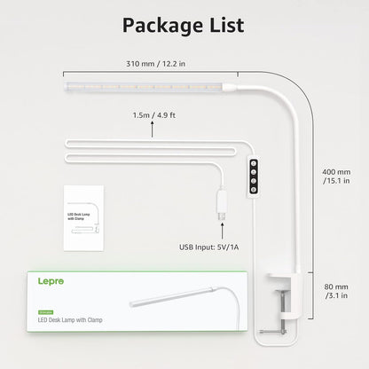 Lepro LED Schreibtischlampe Klemmbar, Tischlampe Architektenlampe mit Schwenkarm, Augenschutz Klemmleuchte USB, 3 Farben & 10 Helligkeitsstufen Dimmbar Tischleuchte für Büro, Weiß