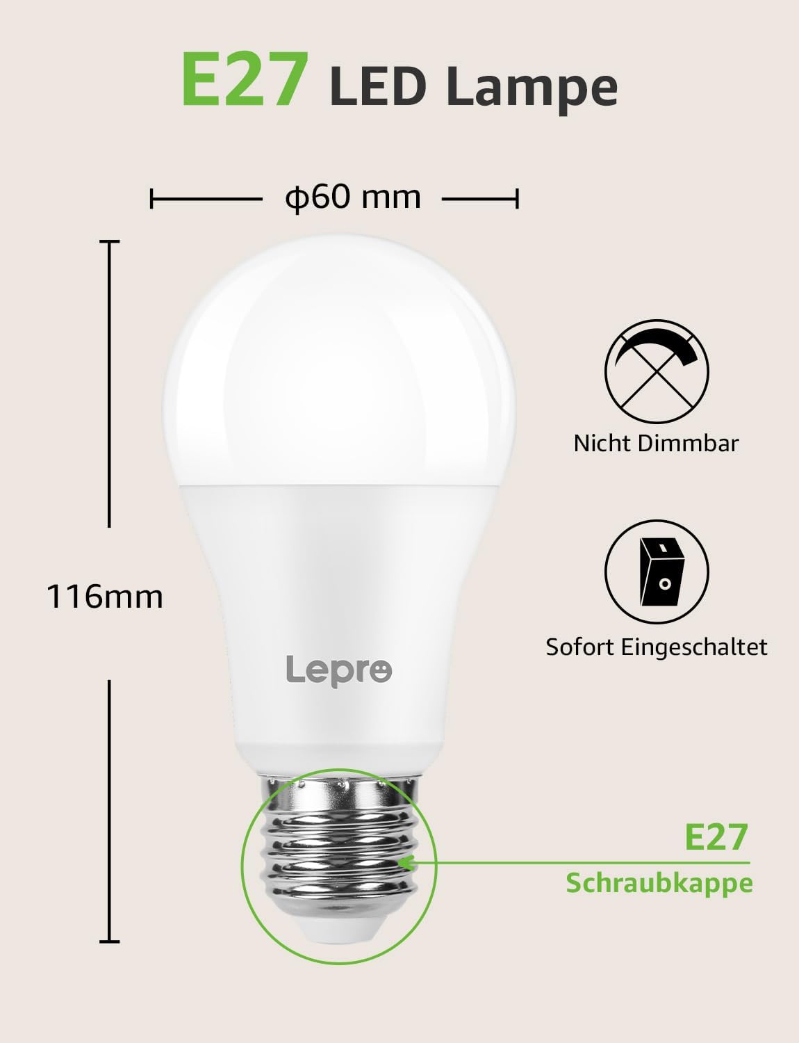 Lepro 13.5W E27 LED Warmweiss, ersetzt 100W Halogenlampe, 1521 Lumen Glühbirne E27, 2700K Warmweiß A60 LED Birne, 200° Energiesparlampe, Nicht Dimmbar, 12 Stück [Energieklasse E]
