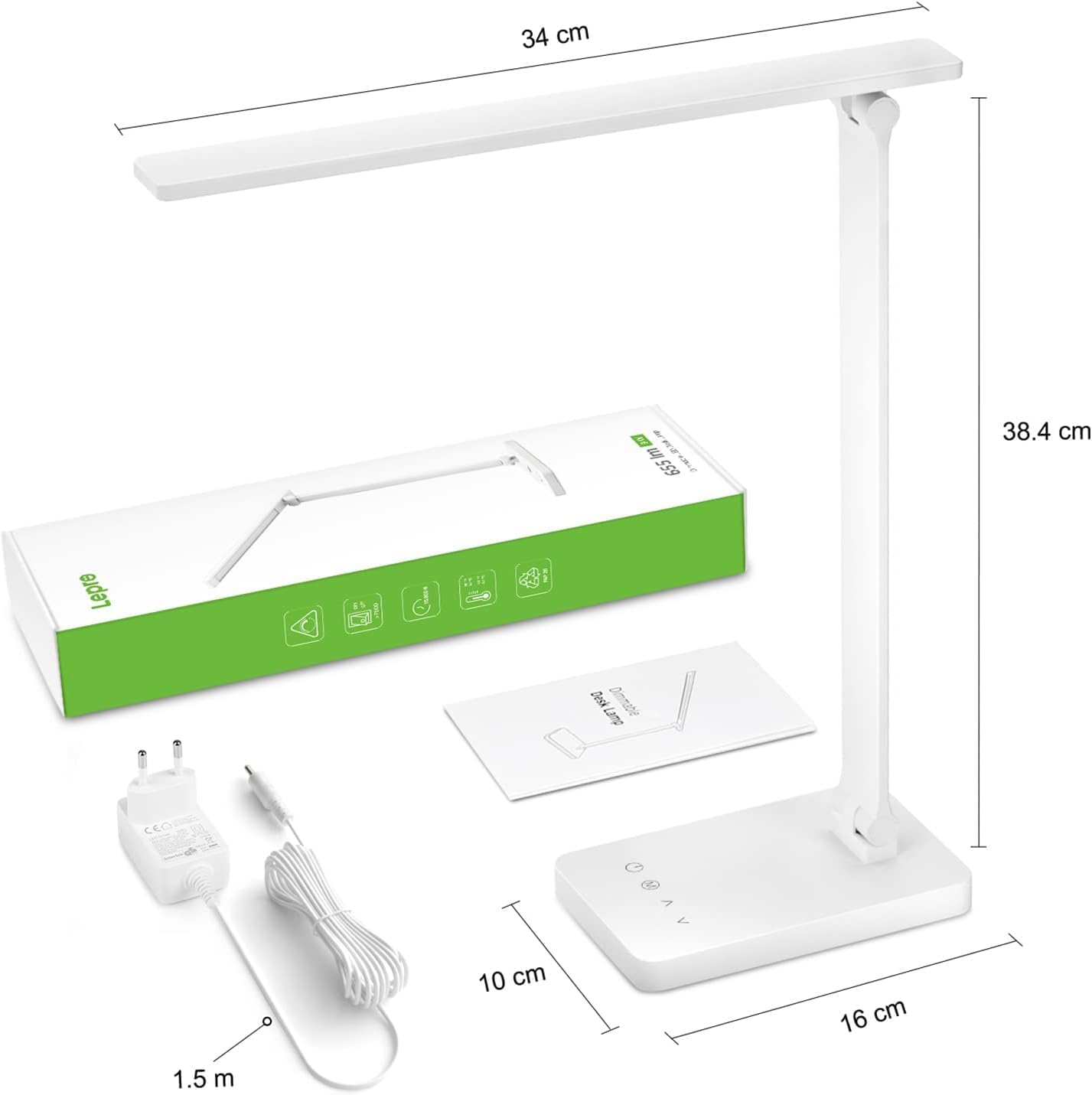 Lepro Schreibtischlampe, LED Tischlampe 15W, 655LM Tischleuchte 3 Farben und 5 Helligkeitsstufen Dimmbar mit USB-Anschluss, Schreibtischleuchte Augenschutz, Leselicht für Zimmer Büro, Weiß