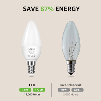 Lepro E14 LED Warmweiss, Glühbirne E14, 4.9W 470 Lumen, ersetzt 40W Glühlampe, C37 2700K Warmweiß Kerzenleuchten Nicht Dimmbar, 200° Leuchtmittel, 3 Stück